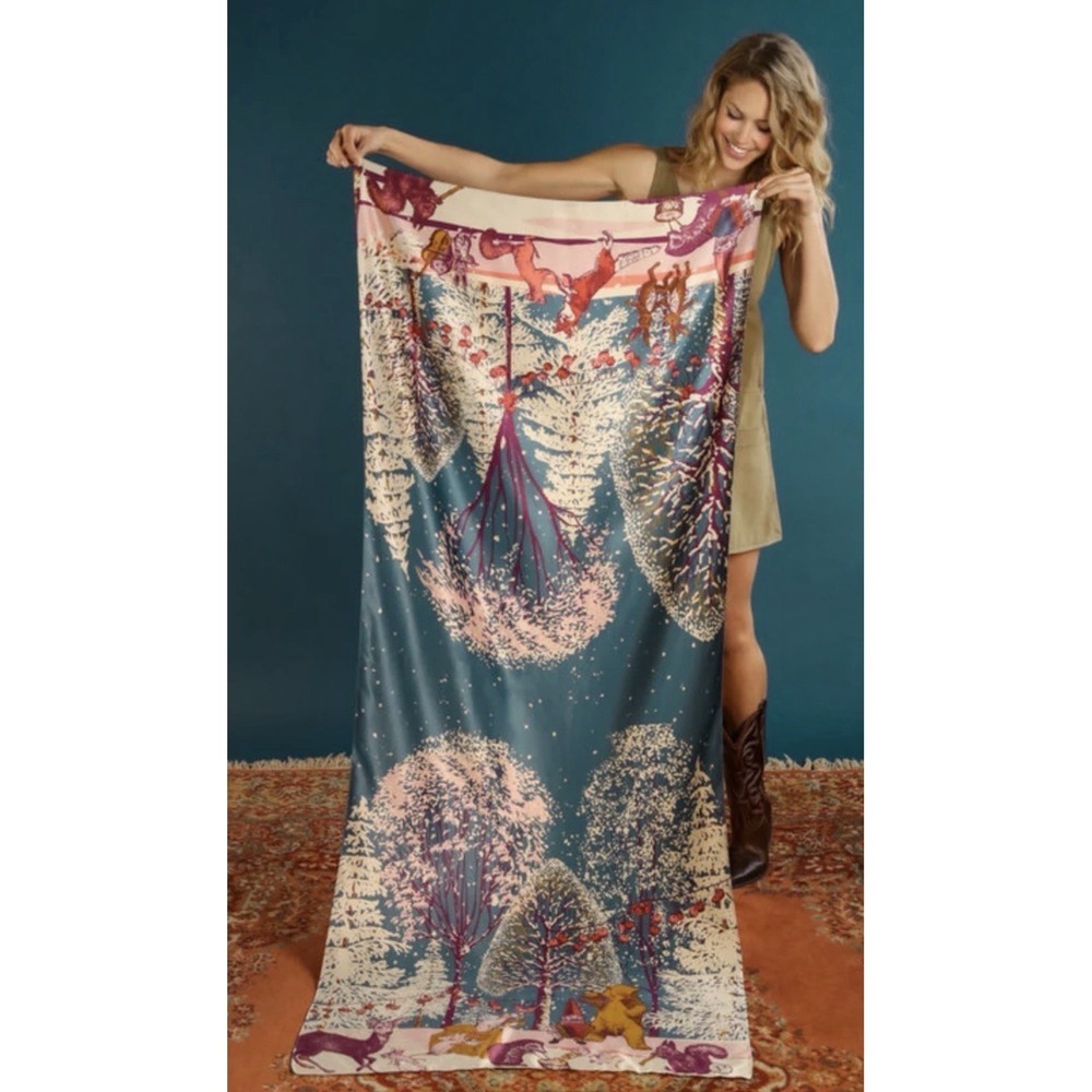 Powder Forest Party Satin Scarf Woodland Animals Dancing Long Colorful 81.5x31"